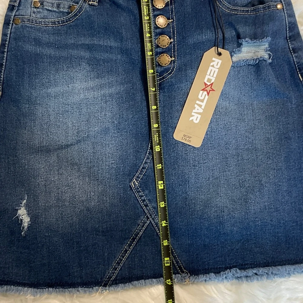 Red Star Button-Front Medium Blue Distressed Denim Mini Skirt Size 2 - Picture 15 of 16